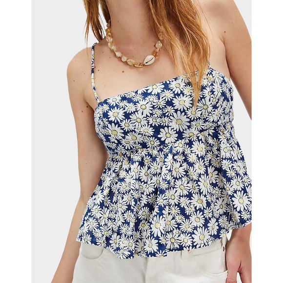 Free People Tops - Free People Daisy Print Peplum Camisole Blue White Floral Tie Back Top Size M